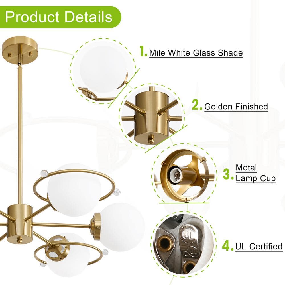 Gold Brass 6-Light Sputnik Chandelier with Milk Glass Shades