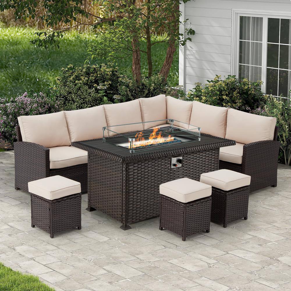 7-Piece Wicker Patio Conversation Set with Beige Cushions with 44 in. 50,00