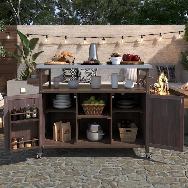 50.25 in. Dark Brown Farmhouse Solid Wood Outdoor Kitchen Island Grill Cart with Stainless Steel Top