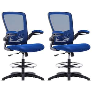 Mesh Drafting Chair with Lumbar Support Ergonomic Tall Executive Office Chair in Blue/Black Adjustable Height Set of 2