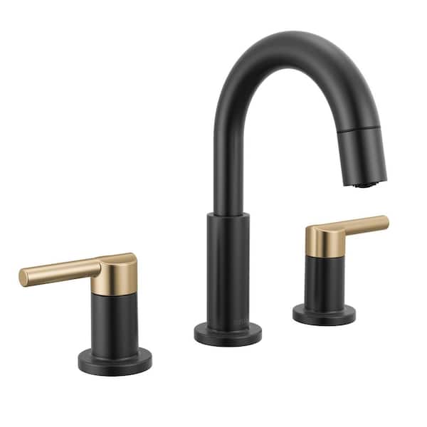 Nicoli Pull-Down Spout 8 in. Widespread Double Handle Bathroom Faucet Drain Included in Matte Black/Champagne Bronze