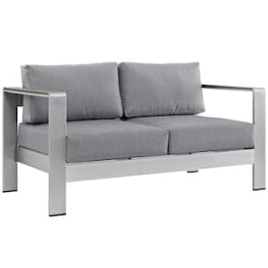 Shore Aluminum Patio Outdoor Loveseat in Silver with Gray Cushions