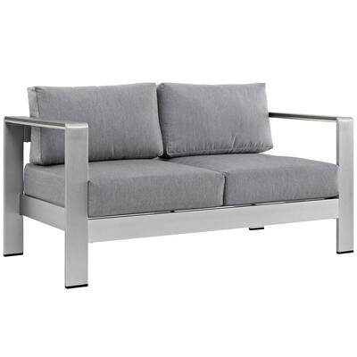 Modway Shore Outdoor Loveseat - Sunbrella Fabric Aluminum Patio Furniture In Silver Gray
