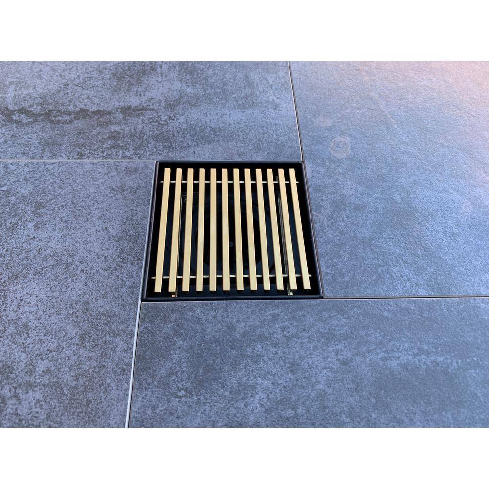 6'' Square Brushed Gold and Matte Black Stainless Steel Shower Drain