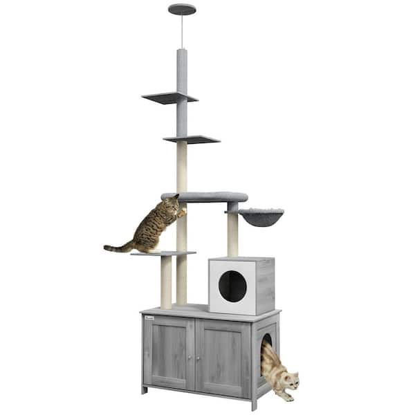 2 in 1 Cat Tower Cat Tree Litter Box Furniture with Condo, Bed, Hammock, Scratching Posts and Platforms for Small, Gray