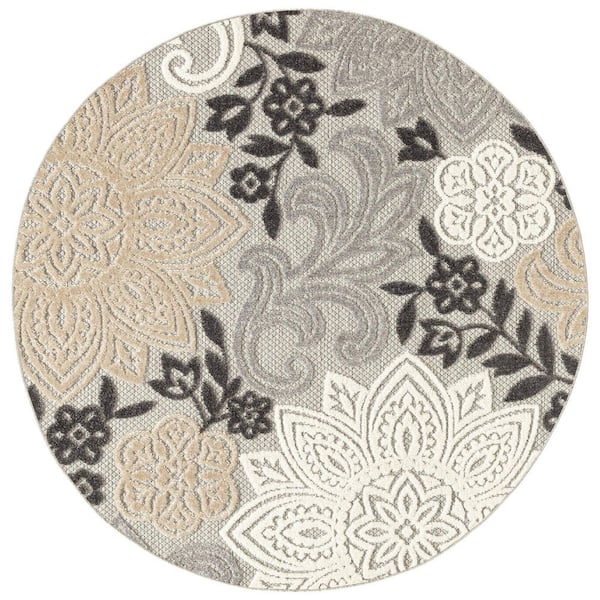 Tayse Rugs Oasis Floral Beige 5 ft. x 5 ft. Round Indoor/Outdoor Area Rug