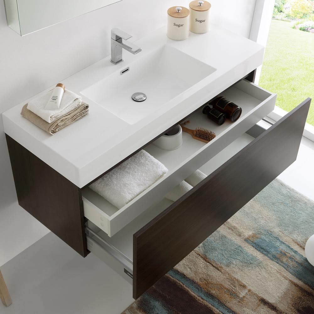 Gray Oak Wall Hung Vanity with Integrated Sink and Medicine Cabinet
