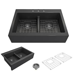 Nuova Matte Dark Gray Fireclay 34 in. Double Bowl Drop-In Apron Front Kitchen Sink with Protective Grids and Strainers