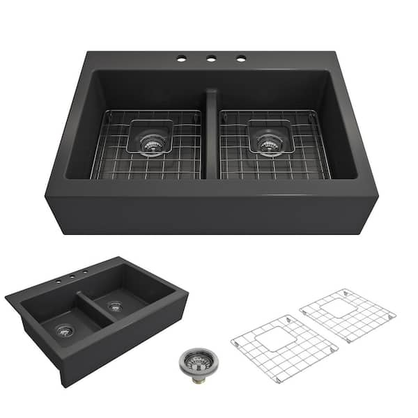 Bocchi Nuova Matte Dark Gray Fireclay 34 In Double Bowl Drop In Apron Front Kitchen Sink With 0851