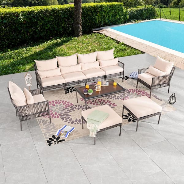 Patio Festival 9-Piece Wicker Outdoor Conversation Set with Beige Cushions