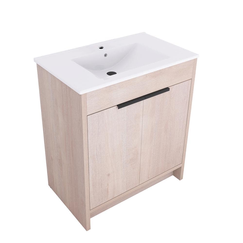 Freestanding Light Oak Plywood Bathroom Vanity with White Ceramic Sink