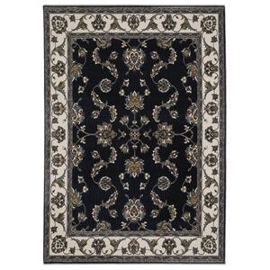 Victoria Navy/Ivory 4 ft. x 6 ft. Vintage Bordered Oriental Polyester Fringed-Edge Indoor Area Rug