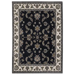 Victoria Navy/Ivory 5 ft. x 8 ft. Vintage Bordered Oriental Polyester Fringed-Edge Indoor Area Rug