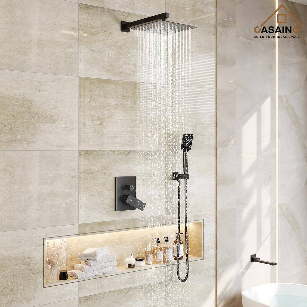 Matte Black 12" Wall Mount Square Shower System with Handheld Spray