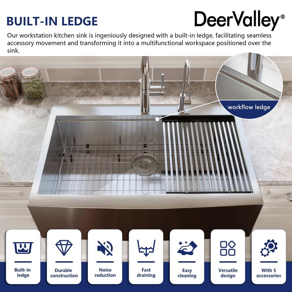 33" Stainless Steel Farmhouse Single Bowl Workstation Sink