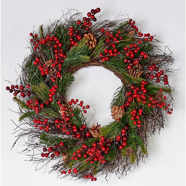 Unbranded 25 in. Artificial Mixed Pine Berry Cone Wreath