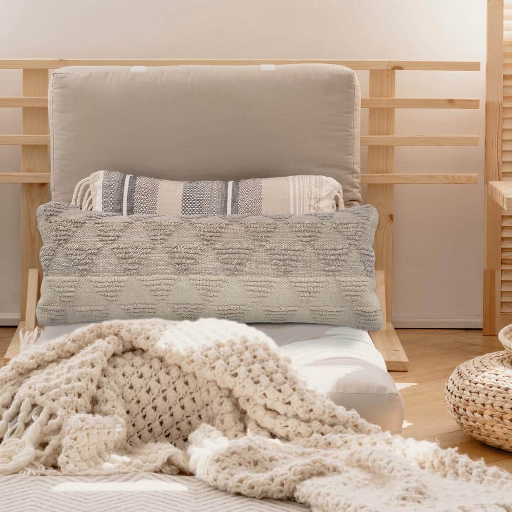 Gray and Cream Geometric Cotton Lumbar Pillow, 14" x 36"