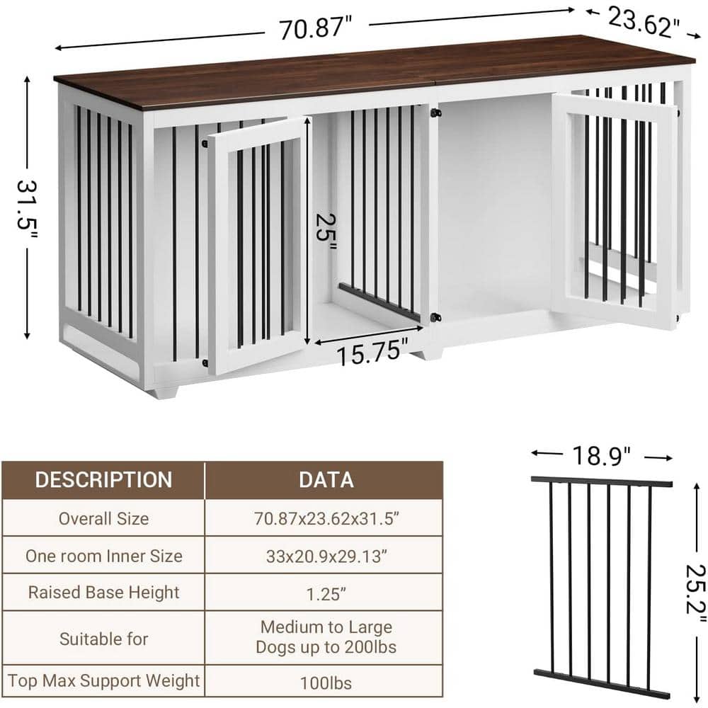 White and Brown Large Wooden Double Dog Crate Furniture