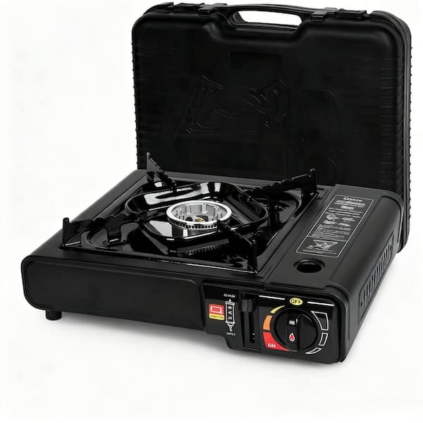 Portable Camping Propane or Butane Grill Dual Fuel Stove in Black with Adapter Hose and Carrying Case