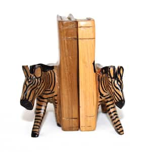 African Carved Brown Wood Zebra 4 in. Book Ends With 1 Shelve