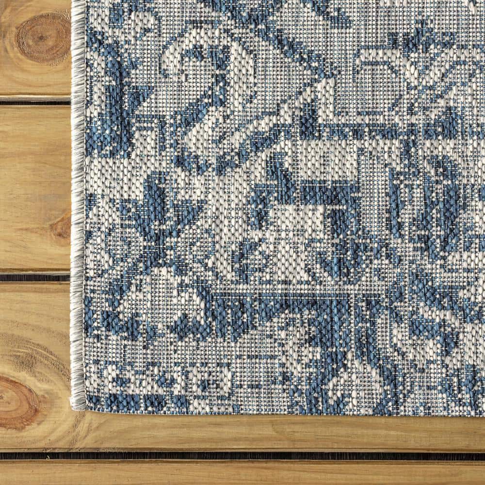 Navy and Gray Synthetic Medallion Square Area Rug