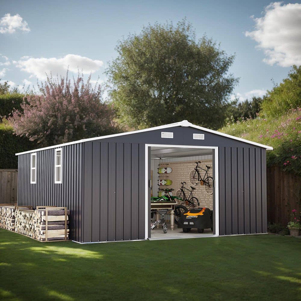 10 ft. W x 12 ft. D Dark Gray Metal Outdoor Wood Shed with 2 Lockable Door 