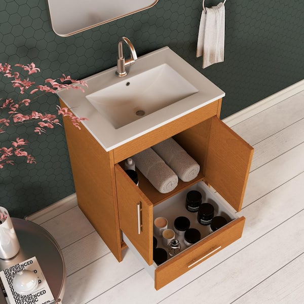 Pacific 24 in. x 18 in. D Bath Vanity in Honey Maple with Ceramic Vanity Top in White with White Basin