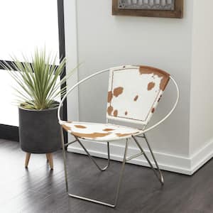 Light Brown Leather Round Chair with Silver Frame (Set of 2)