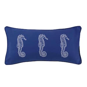 Portofino Blue and White Seahorses Embroidered 12 in. x 24 in. Throw Pillow