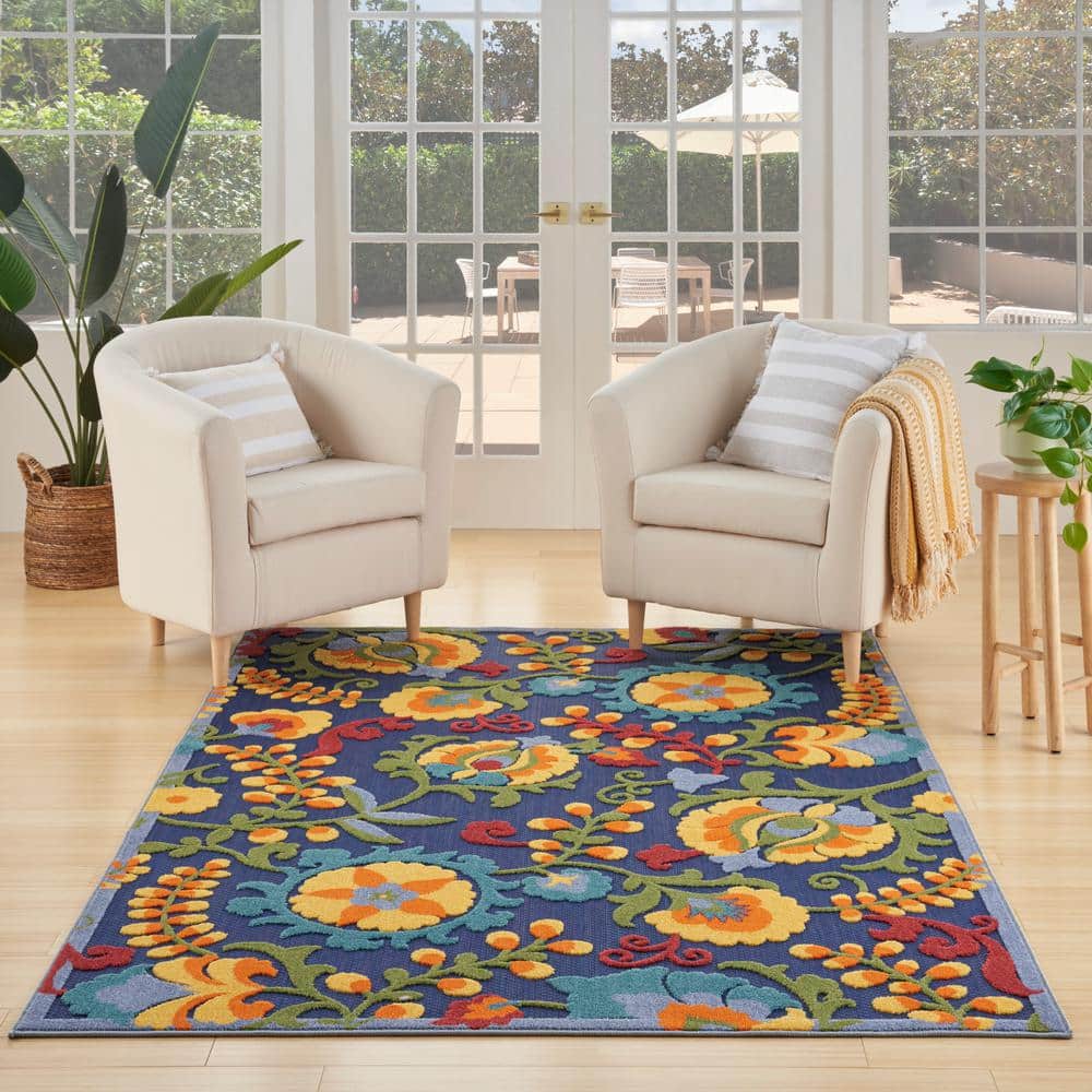 Nourison Aloha Navy Multicolor 5 ft. x 8 ft. Floral Contemporary Indoor ...
