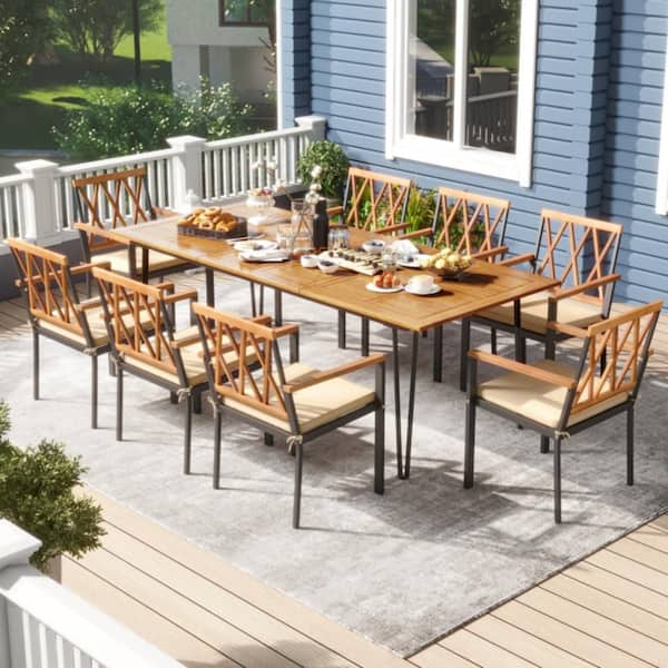 9-Piece Metal Rectangle Outdoor Dining Set with 8-Beige Cushions and Umbrella Hole
