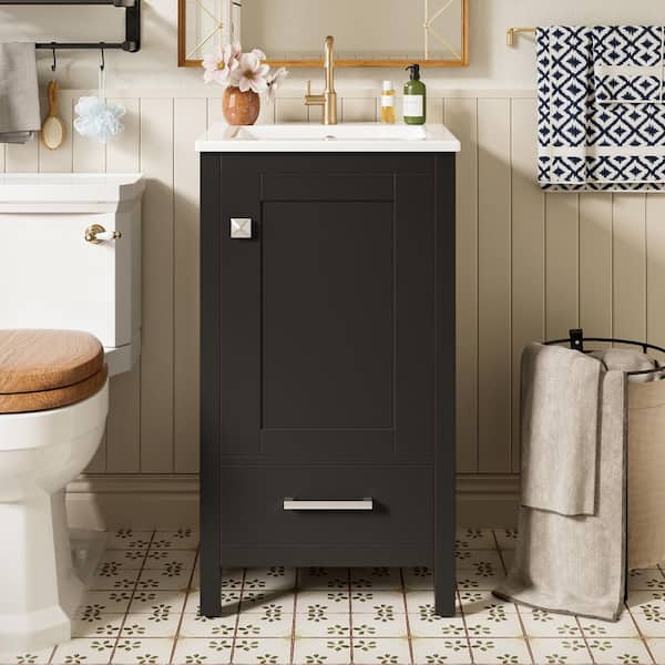 18 in. Freestanding Black Bath Vanity with White Ceramic Top Soft-Close Drawers and Door Organizer