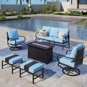 7 Seat 6-Piece Metal Outdoor Patio Conversation Set with Blue Cushions, Swivel Chairs, Rectangular Fire Pit Table