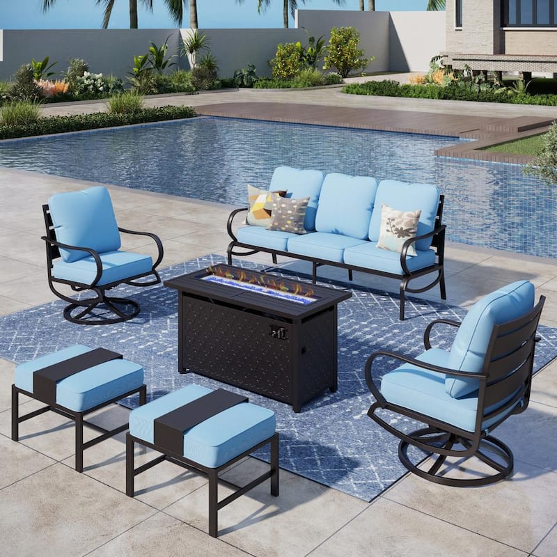 7 Seat 6-Piece Metal Outdoor Patio Conversation Set with Blue Cushions, Swivel Chairs, Rectangular Fire Pit Table