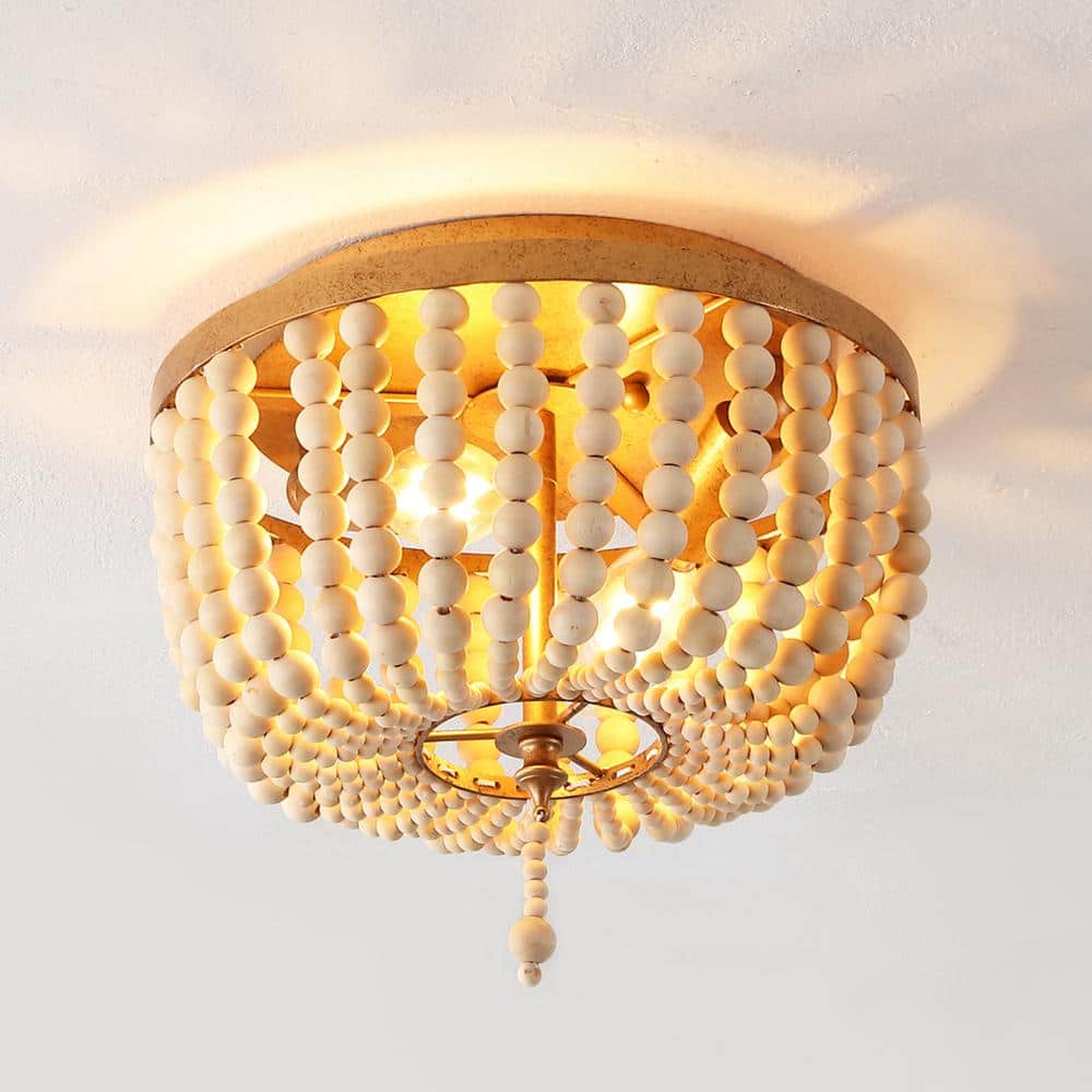 JONATHAN Y Allison 10 in. 2-Light Shabby Chic Farmhouse Wood Beaded/Metal LED Flush Mount, Antique Gold/Cream JYL9074A