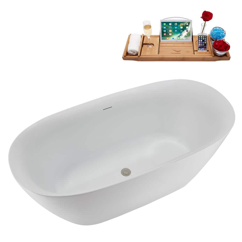 67" White Acrylic Freestanding Soaking Tub with Tray