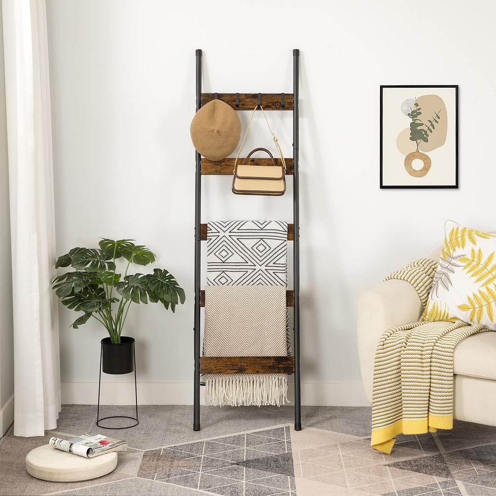 Rustic Brown and Black 5-Tier Industrial Blanket Ladder