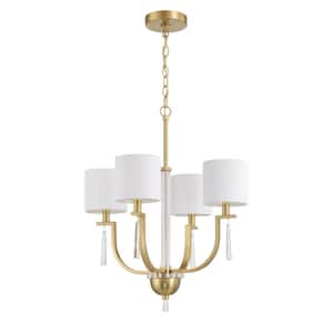 Fortuna 4-Light Satin Brass Finish with White Linen Shade Transitional Chandelier for Kitchen Dining Foyer No Bulb Incld