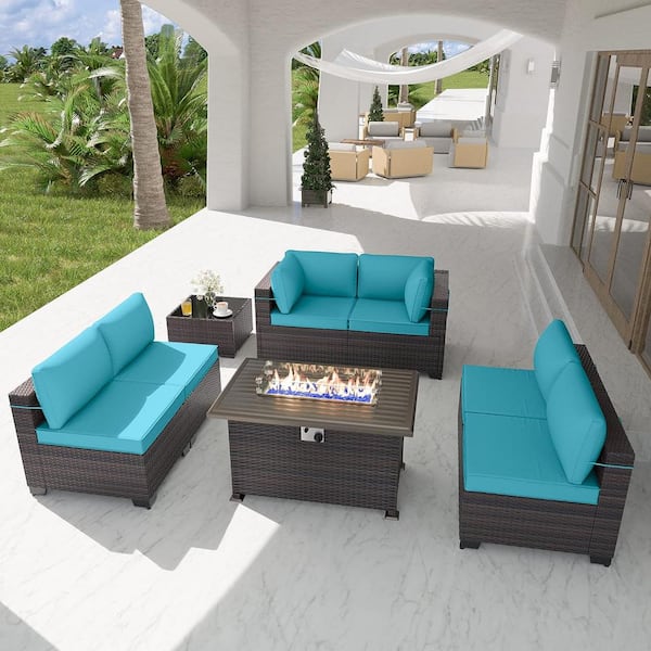 Halmuz 8-Piece Wicker Patio Conversation Set with 55000 BTU Gas Fire Pit Table and Glass Coffee Table and Blue Cushions