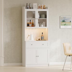 White 6-Shelf Wood Pantry Organizer with LED Light, Drawer, USB Ports and Sockets, Glass Holder, Adjustable Shelves