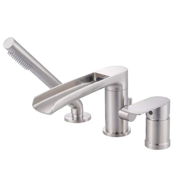 Single-Handle Deck-Mount Roman Tub Faucet with Swivel Waterfall Tub Spout, Hand Shower with 59" Hose in. Brushed Nickel