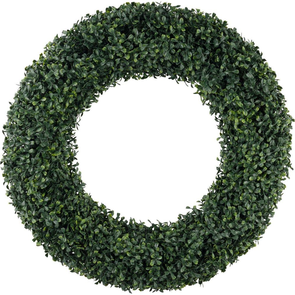 Pure Garden 24 in. Round Artificial Boxwood Wreath for Front Door, UV-Protected Indoor/Outdoor All-Season Wreath