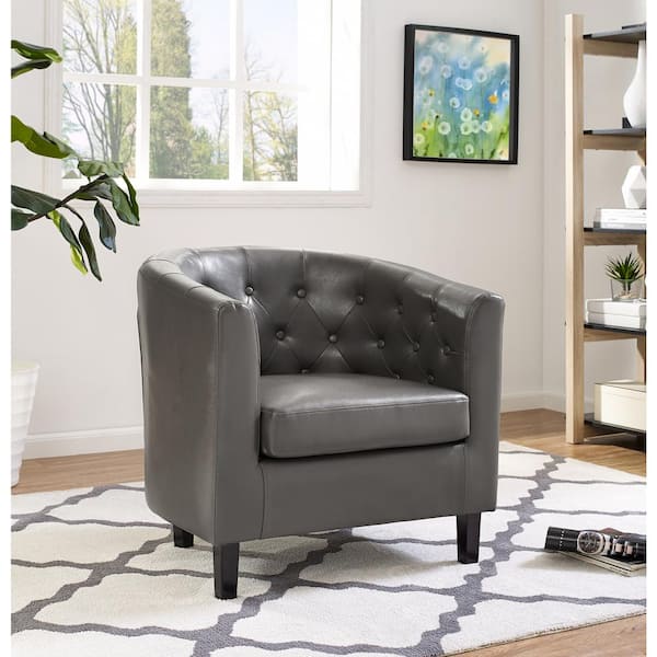 31 in. Mid-Century Modern Gray Button Tufted Faux Leather Arm Chair