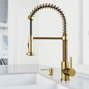 Edison Single Handle Pull-Down Sprayer Kitchen Faucet Set with Soap Dispenser in Matte Brushed Gold