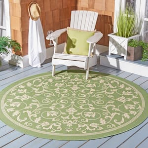 Courtyard Olive/Natural 4 ft. x 4 ft. Border Scroll Floral Indoor/Outdoor Patio  Round Area Rug
