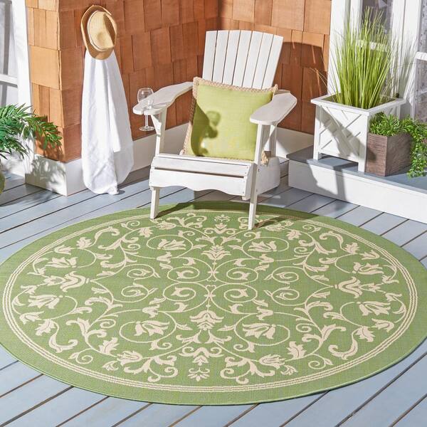 Courtyard Olive/Natural 4 ft. x 4 ft. Border Scroll Floral Indoor/Outdoor Patio  Round Area Rug