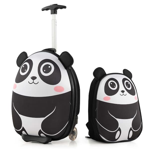 Costway 2-PCS Kids Carry On Luggage Set 16 in. Panda Rolling Suitcase with 12 in. Backpack Travel White