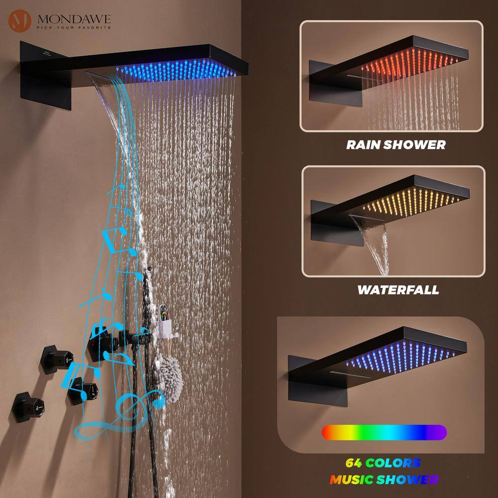 Matte Black Stainless Steel Dual Rain Shower System with Bluetooth Speaker