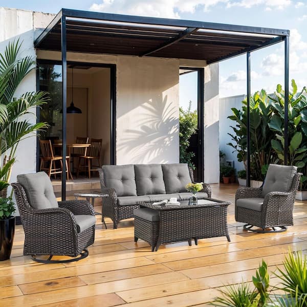 Brown 7-Piece Wicker Patio Conversation Set with Swivel Rockers, Outdoor Sofa Seating Set with Olefin Gray Cushions