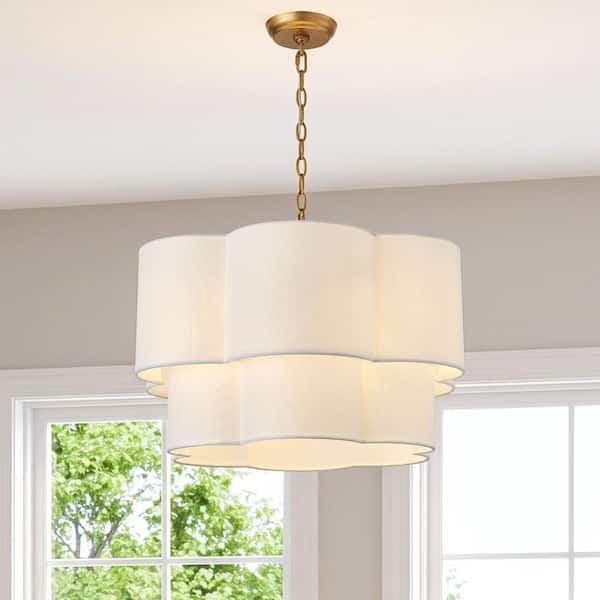 6-Light White Fabric Drum Chandelier, 2-Tier Scalloped Pendant Lighting Fixture for Dining Room Kitchen Island Foyer